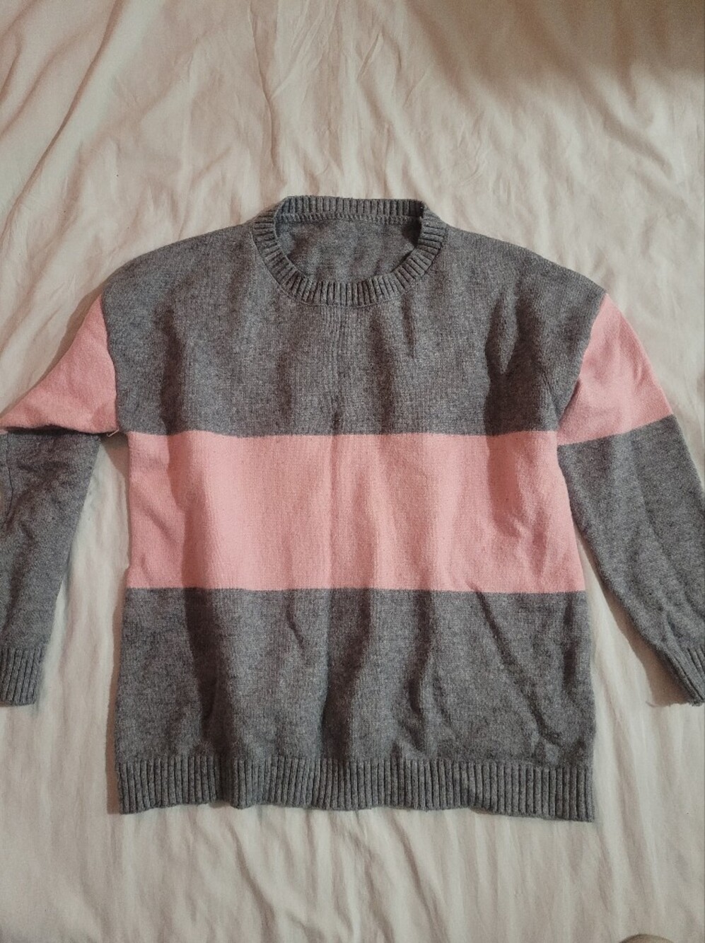 Gray and Pink Colorblock Crewneck Sweater